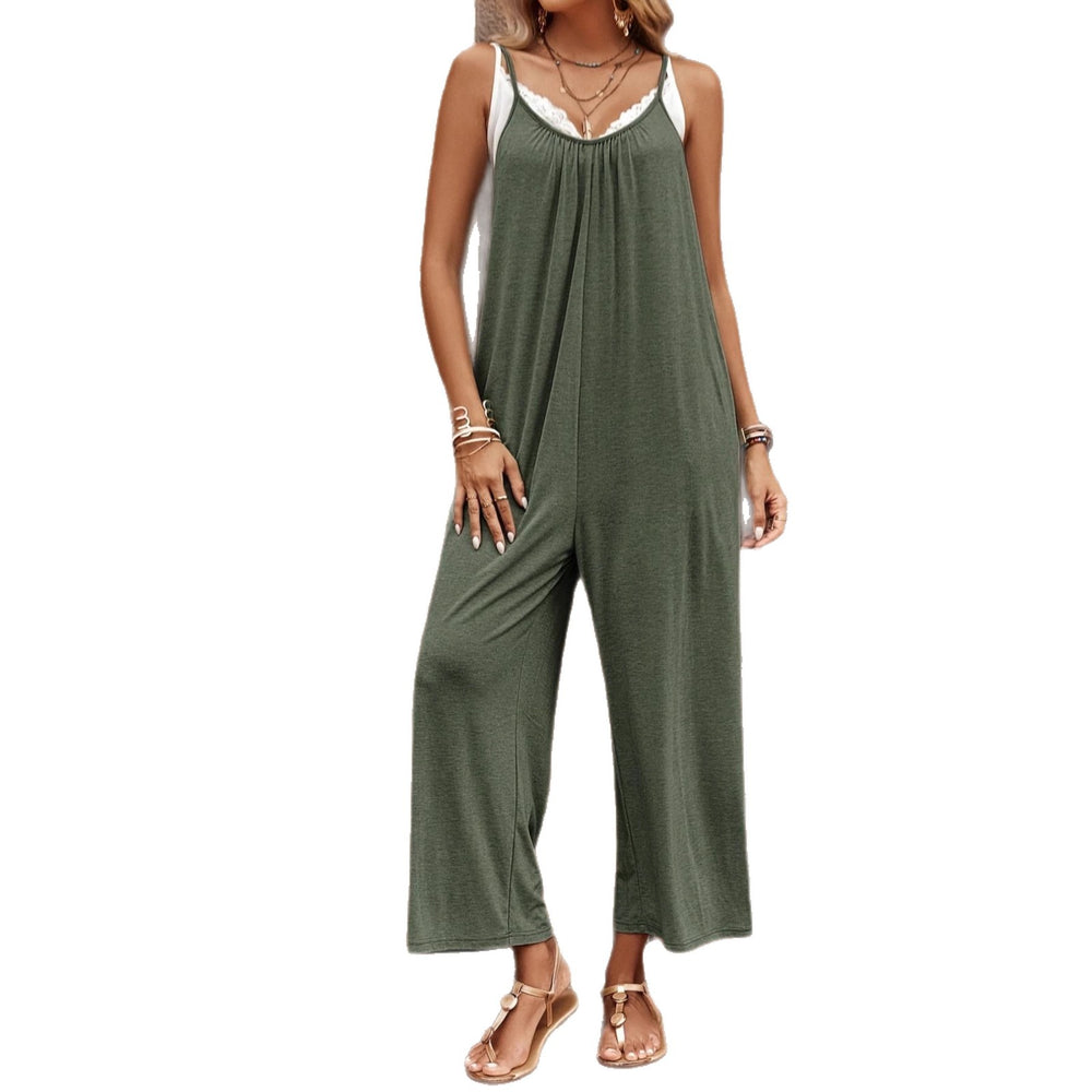 summer european and american style women's solid color cami jumpsuit - flowy, loose fit, wide leg with double side pockets