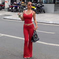 Amazon  summer fashion solid color lace trim cami top & cropped slim-fit straight-leg pants set