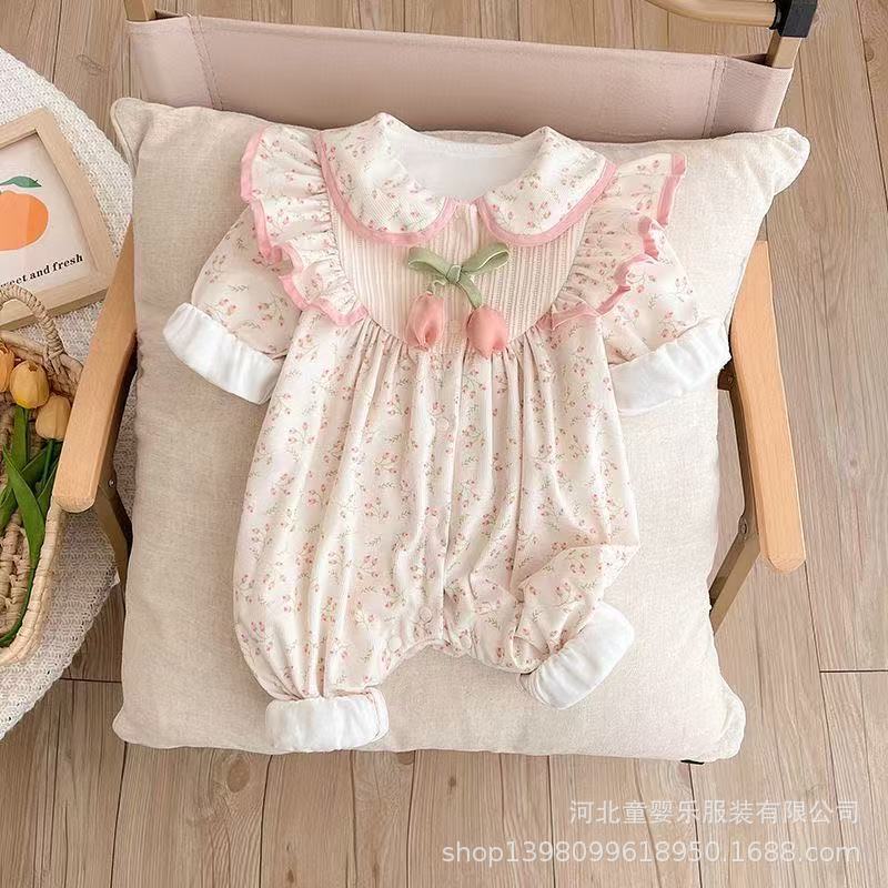 Baby clothes spring and autumn newborn baby girl one-piece double layer outing cute princess hundred days outwearwinter rompers