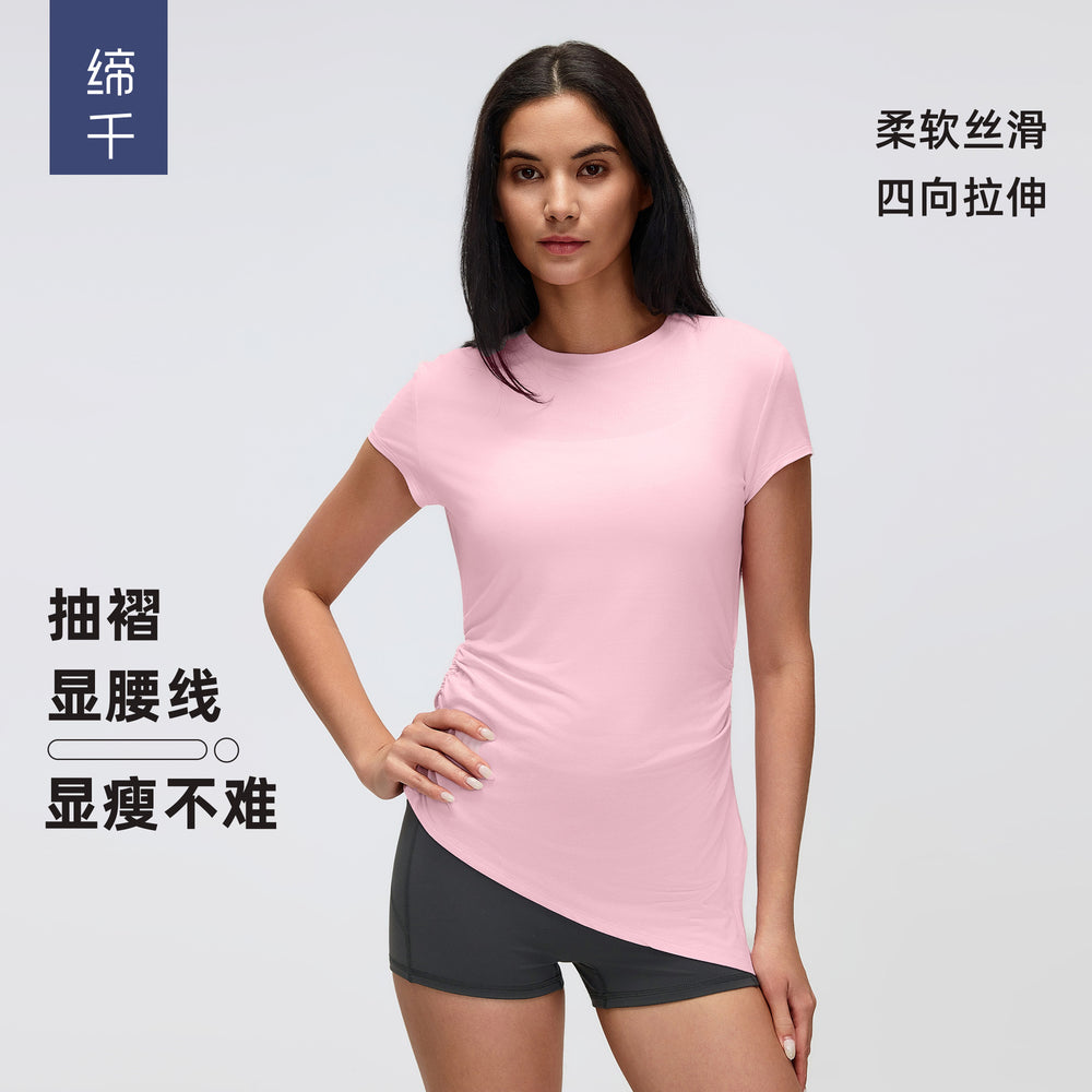 Summer crew neck activewear short sleeve women's ruched waist slimming yoga top running fitness t-shirt d26071