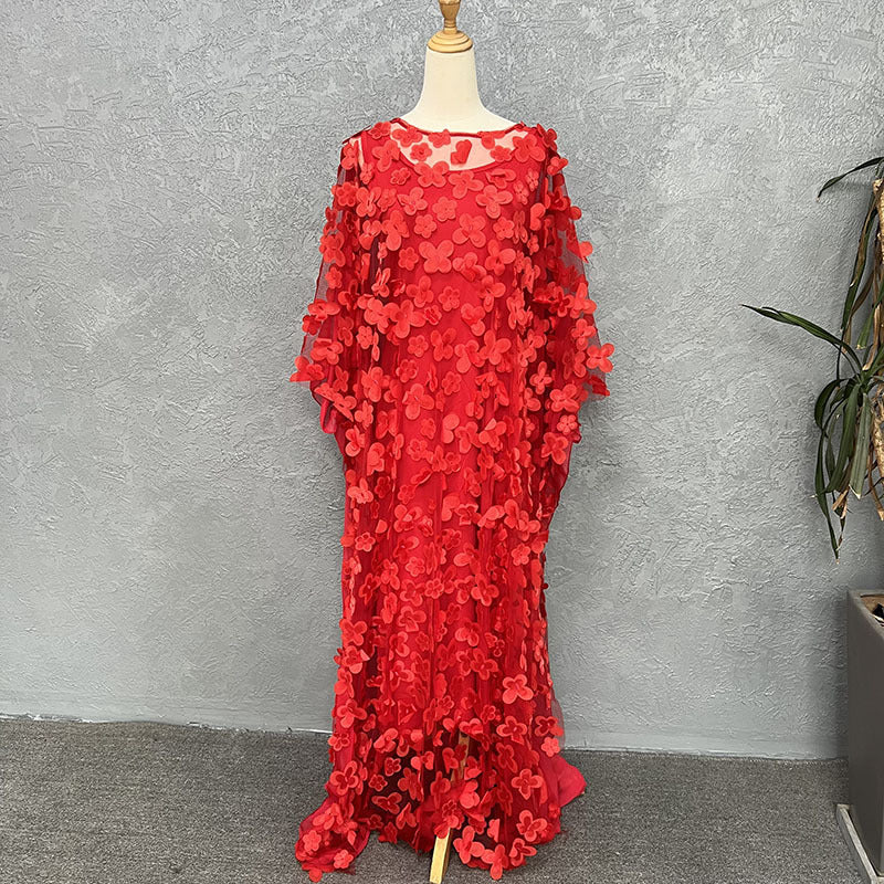 supply stereo embroidered flower mesh round neck bat sleeve looseplus size robe + vest african women's clothing clearance