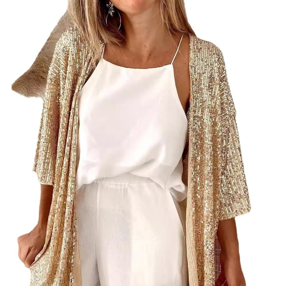 Independent station direct sales cross-border fashion 2025 autumn new women's sequined plus size loosetops color outwear