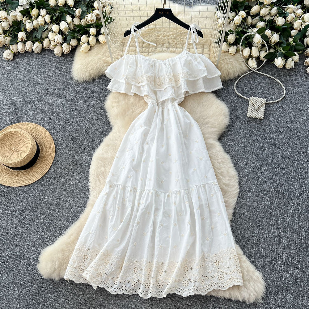 French gentle style one shoulder suspender rufflespatchworkdress women's waist elegant cut outembroiderlong skirt