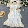 French gentle style one shoulder suspender rufflespatchworkdress women's waist elegant cut outembroiderlong skirt