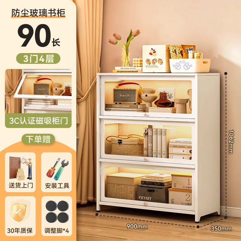Steel bookcase with glass doors, kids' bookshelf, home living room storage cabinet, dustproof display cabinet, iron art shelf