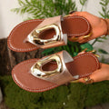 European and american plus size flat flip-flops for women,  summer new style, metal buckle solid color hollow-out beach sandals