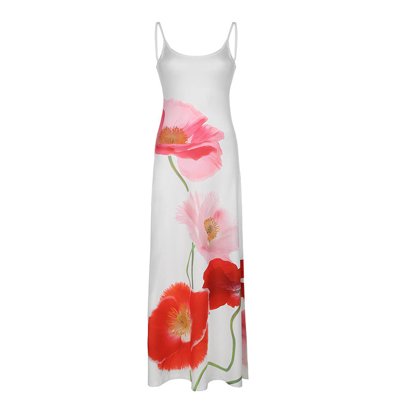 Summer European and American holiday style printing temperament long dress big flower contrasting color suspender backless A-word dress beach dress