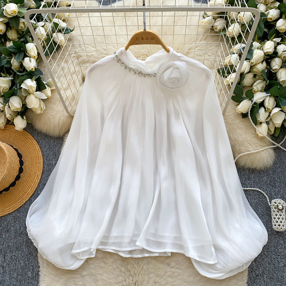 Gentle wind red bell sleeve satin pleated shirt women's spring summerlooseslimming lookfrenchelegantwork clothingtops