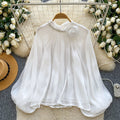 Gentle wind red bell sleeve satin pleated shirt women's spring summerlooseslimming lookfrenchelegantwork clothingtops