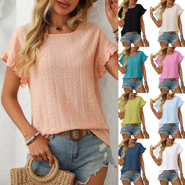Women's Clothing European and American Cross-border 2025 Spring and Summer New Solid Color Crew Neck Sweet Short Sleeve T-Shirt Hollow Top