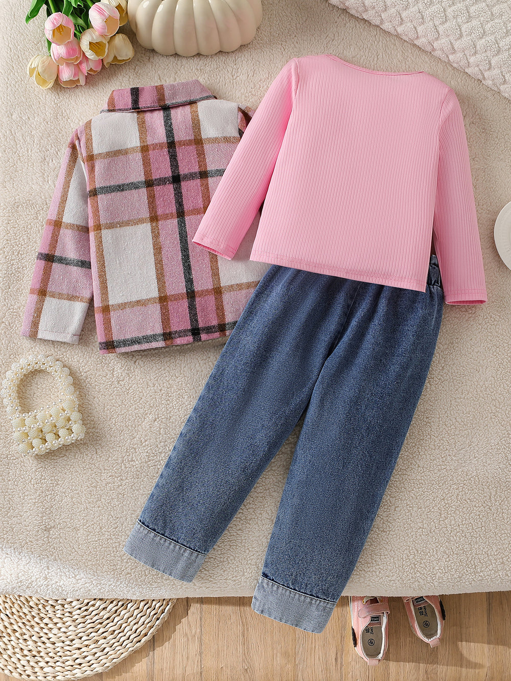 new autumn cross-border girls' wool blend turn-down collar shirt, knitted base layer top + washed denim jeans three-piece set