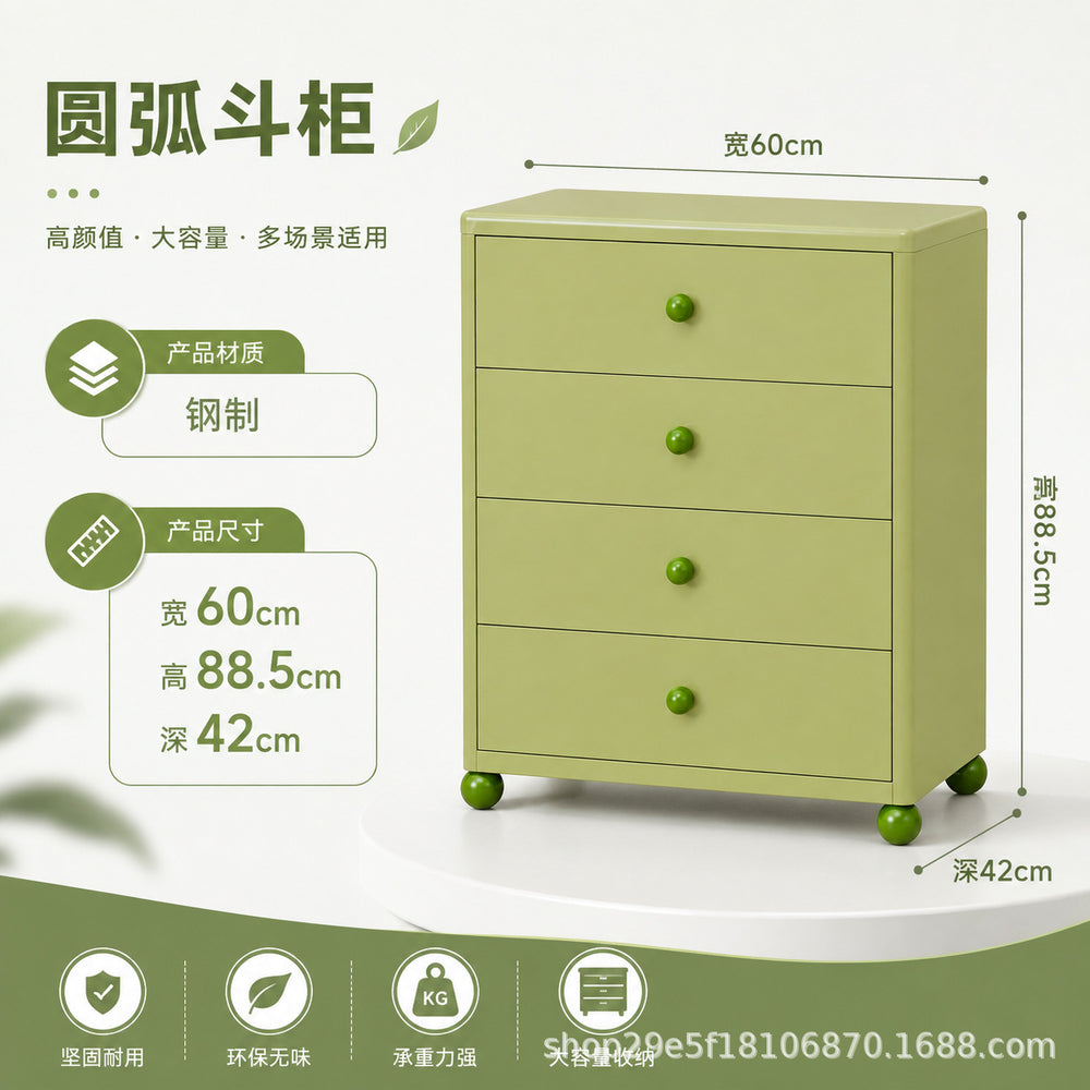 new steel low cabinet with rounded corners, freestanding five-drawer unit, wall-mounted integrated storage cabinet, kids' organizer