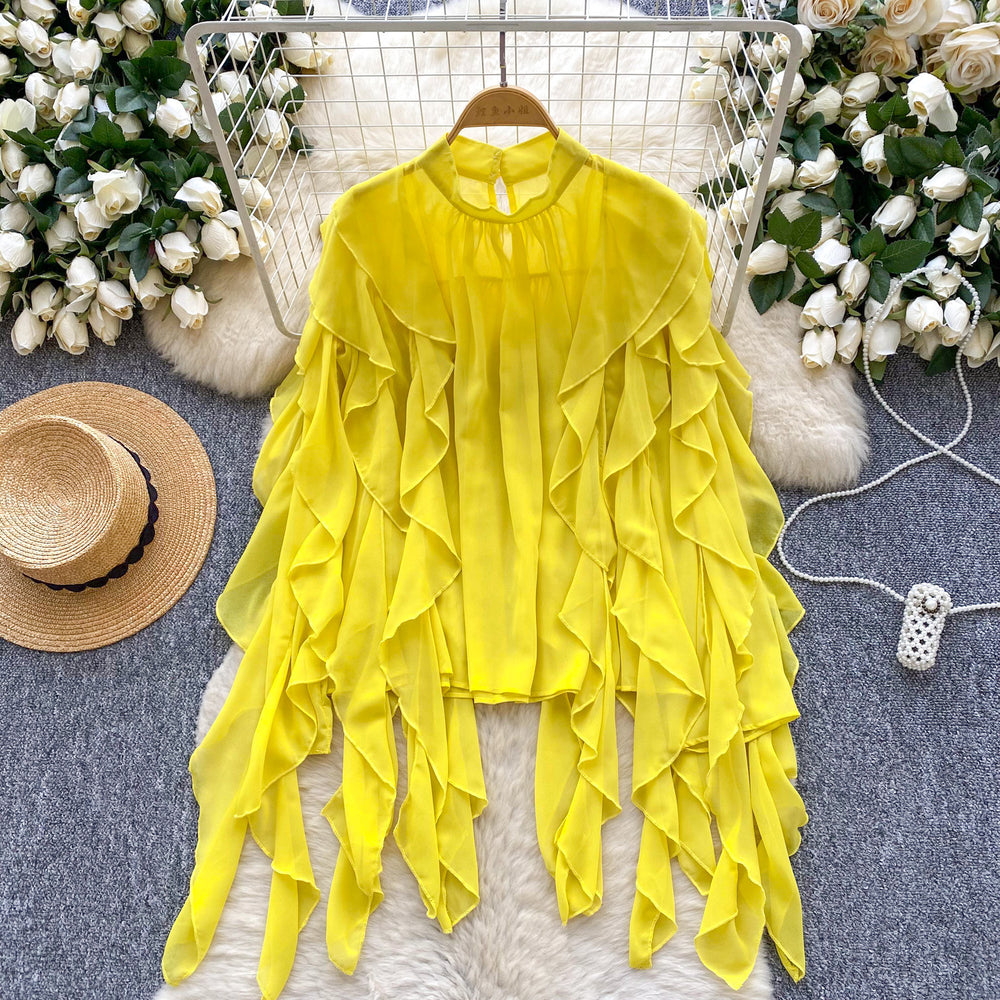 European and american fashion versatile ruffle trim chiffon blouse - women's  autumn lightweight loose fit slimming casual top