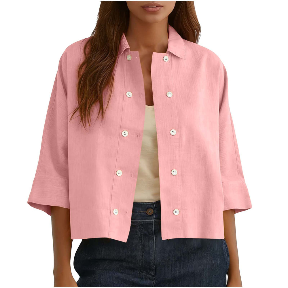 cross-border  solid color cotton linen double-breasted cropped short-sleeve cardigan shirt women's top blouse