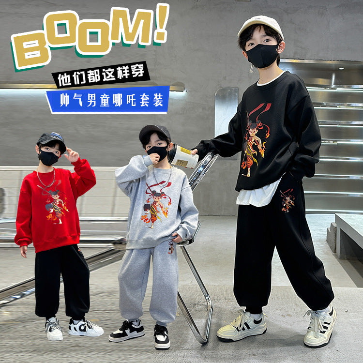 Boys'  cartoon top spring/autumn sweatshirt set - middle to big kids' nezha long-sleeve outfit - crew neck children's clothing - boys' two-piece set