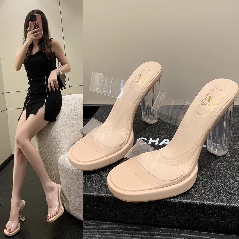 European and american plus size transparent crystal high heel sandals and slippers for women, 2023 new trendy rhinestone outdoor sandals and slippers