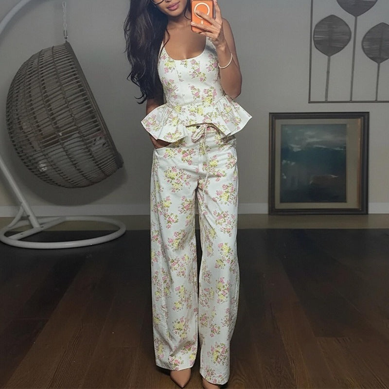 women's summer new arrivals:  cross-border fashion printed ruffle trim cami casual set (us/eu style)