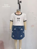 new summer cross-border textured bow embroidered top & heavy-duty washed denim skirt two-piece set