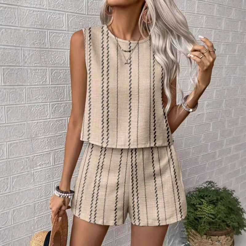 Shipped: tiktok/ european and american summer casual striped sleeveless fashion tank top and shorts two-piece set