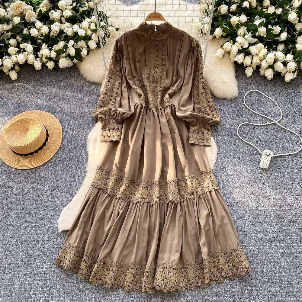 French style women's dress: court-inspired, slim-fit, hollow-out lace panel, flowy maxi dress for vacation