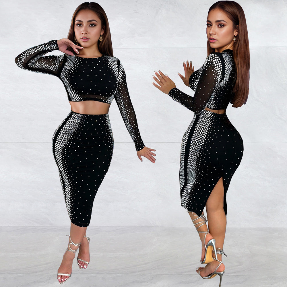 C7100 cross-border e-commerce   fashion women's sexy rhinestone long sleeve skirt two-piece set