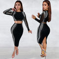 C7100 cross-border e-commerce   fashion women's sexy rhinestone long sleeve skirt two-piece set