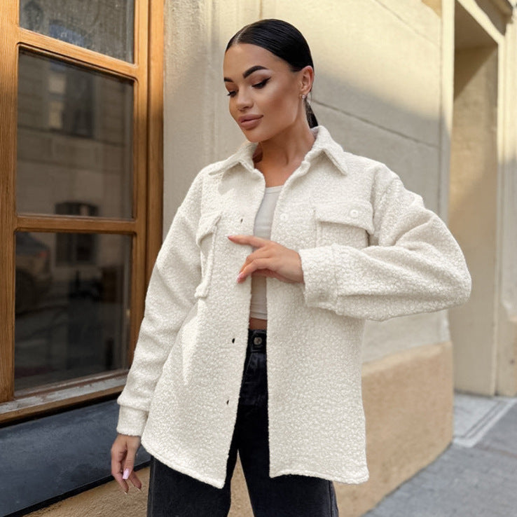 Cross-border autumn and winter new fleece jacket women's high-end classic basic versatile long-sleeved lapel loose cardigan