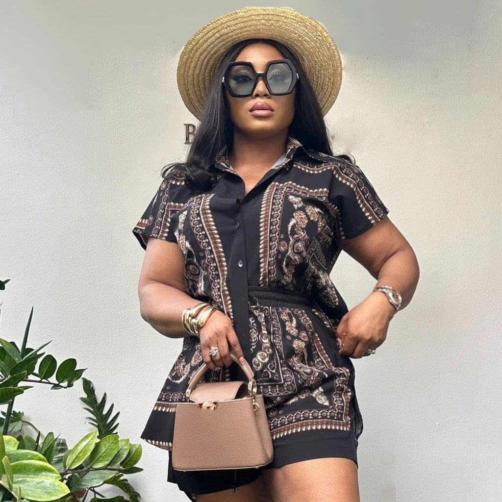 Cross-border European and American women's clothing loose short-sleeved shirt casual shorts women's African cardigan positioning printing new set