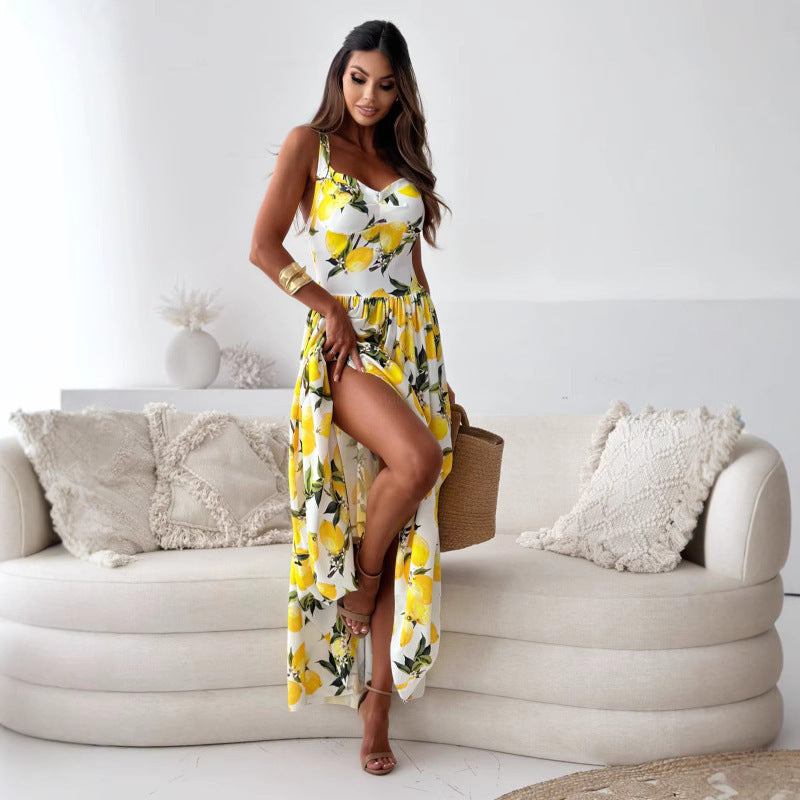 Summer new arrival cross-border supply  european and american women's clothing printed waist-cinching camisole dress with a full skirt
