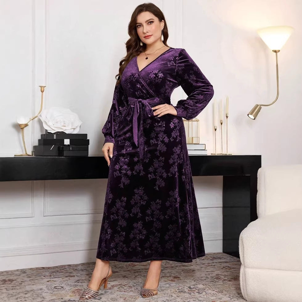 fashioncross-borderplus size women's silm long skirt gold velvet slimming look embossed long sleevesdress