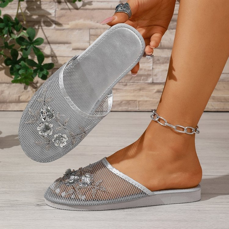 Exportembroider home shoes fashion style half-toe mule slippers leather heelless plus size toe flats shoes slippers