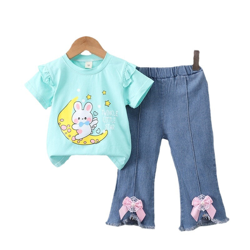 Mengyao summer suit  new arrival baby summer clothes wholesale rabbit moon trendy style medium large children two-piece set