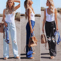 summer new arrival:  cross-border washed distressed high-waisted denim wide-leg casual pants for women