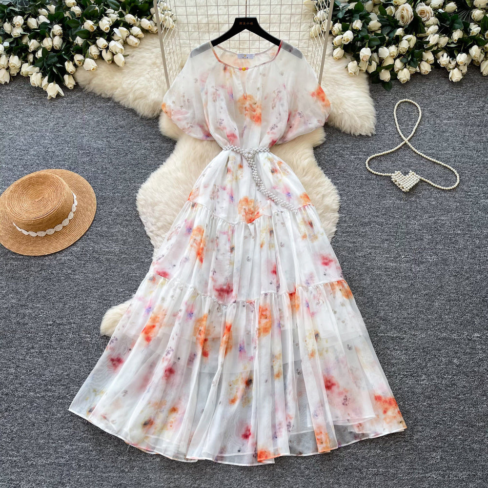 French chic v-neck floral dress - women's summer korean style short sleeve slimming a-line maxi dress - vacation ready