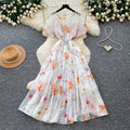 French chic v-neck floral dress - women's summer korean style short sleeve slimming a-line maxi dress - vacation ready