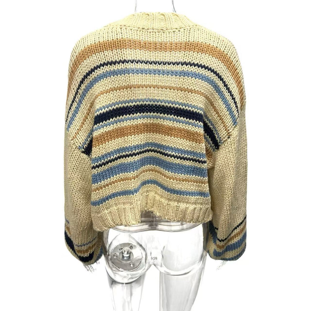 Cross-border Europe, America and early autumn 2025 new women's clothing lazy wind v-neck contrasting color loose knitted cardigan sweater jacket