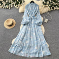 French romantic lantern sleeve printed dress - women's summer slimming a-line maxi dress - elegant workwear