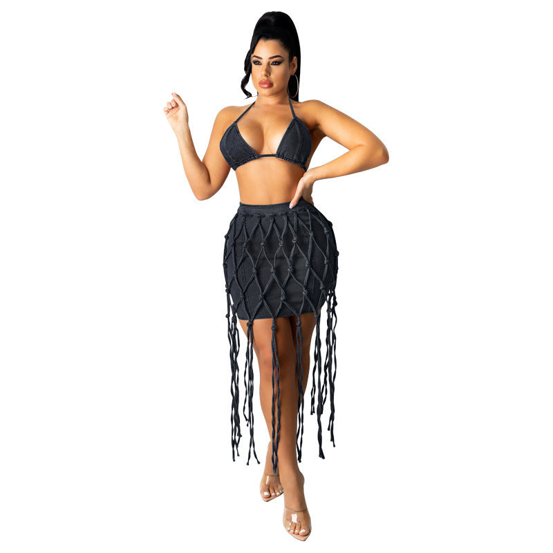 Amazon  hot selling women's skirt fashionnew arrivalhigh waistsexyexport woven belt denim skirt