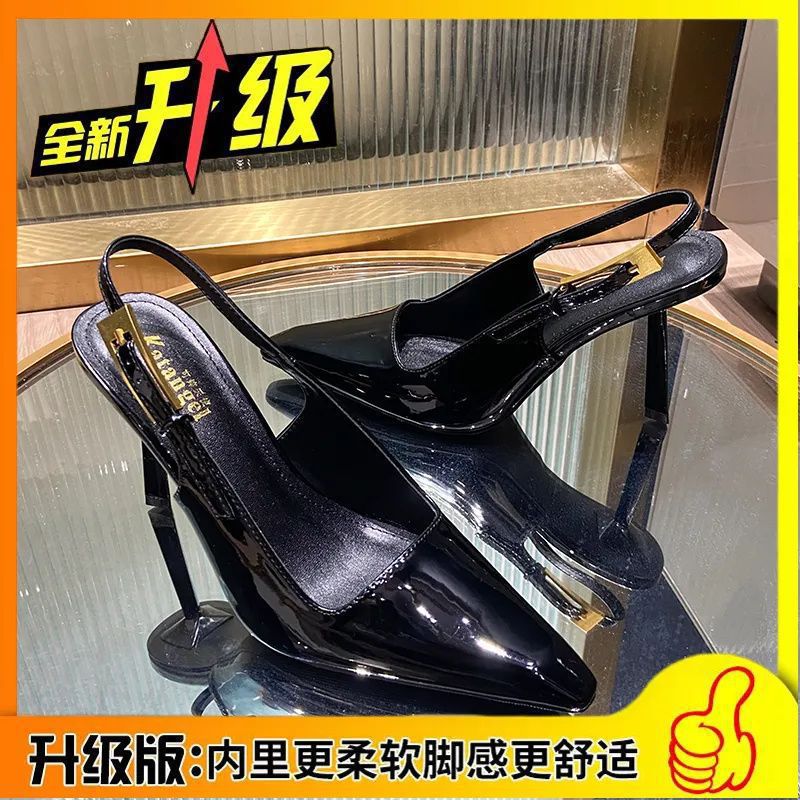 Back strap high heels for women 2024 metal stiletto small square toe one-word buckle sexy black patent leather toe sandals