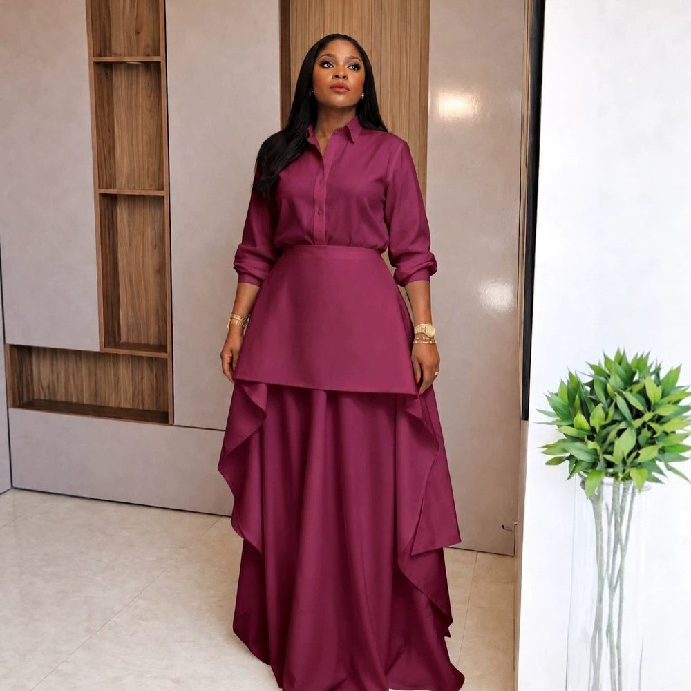 European and american women's clothing  autumn new collection: sweet and fresh turn-down collar long sleeve blouse with high-waisted midi skirt - fashionable casual set