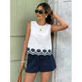 Women's embroidered cutout crew neck sleeveless tank top and casual shorts set, loose-fit summer outfit for everyday wear