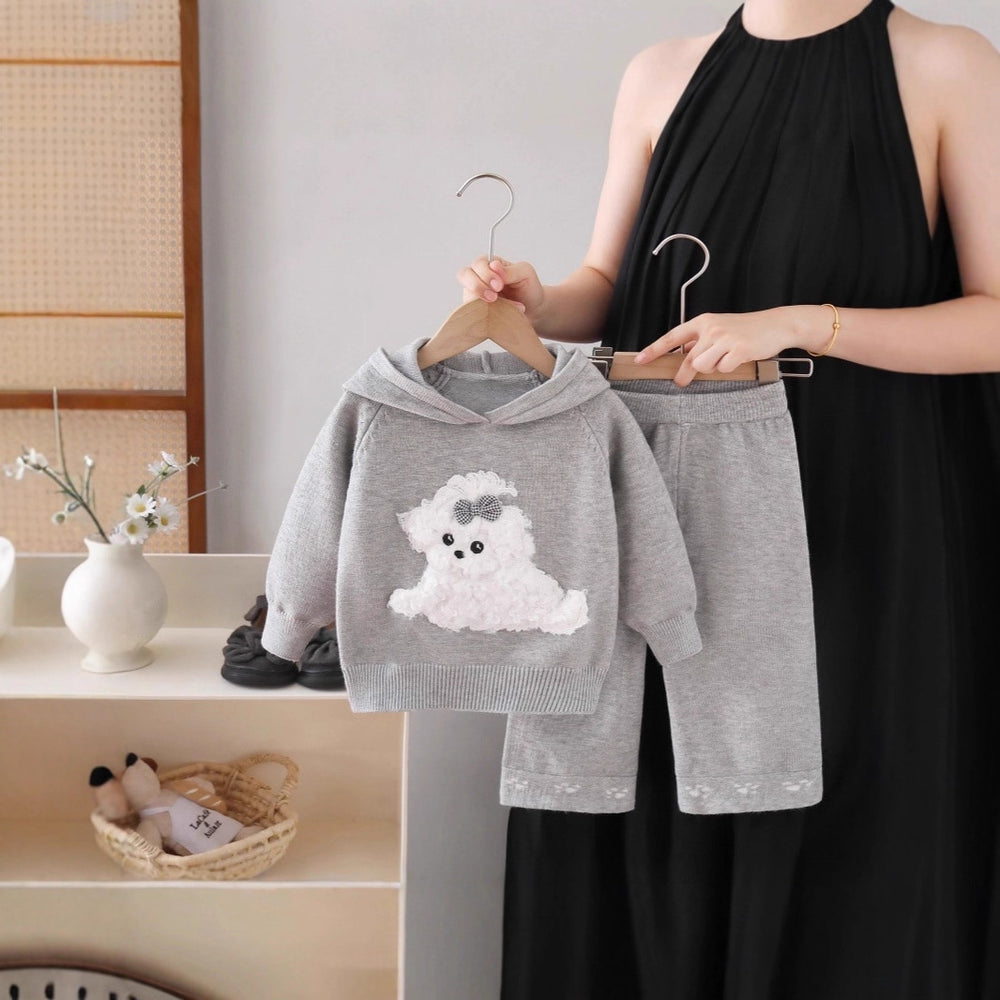 Kids' sweater set - new autumn/winter collection - baby girl cute cartoon puppy hooded knit sweater and pants set
