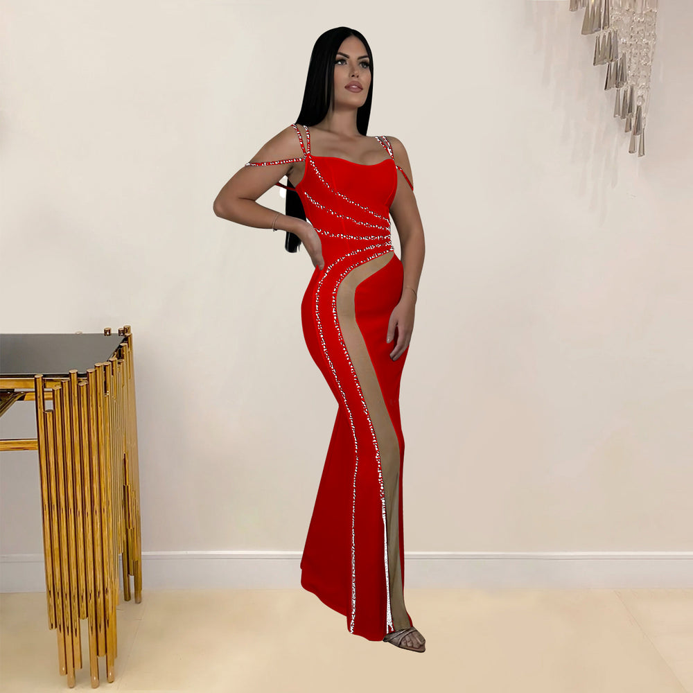 C7027 cross-border   independent station fashion women's hot diamond solid color mesh dress new