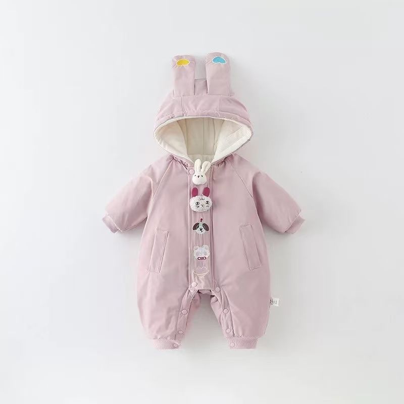 Baby girl winterfleece-lined jumpsuit winter thickenedheattech cartoon cute jacket climbing suit hooded khaki