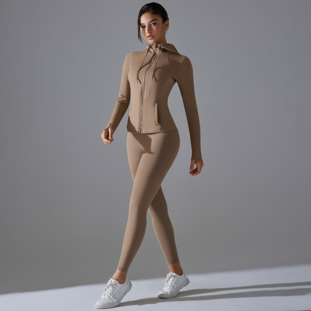 New double-sided nylon yoga set with built-in shorts: solid color zip-up hooded sports jacket and running fitness set