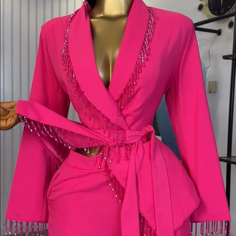 European and american cross-border women's fashion:  autumn/winter new collection - statement blazer with heavy-duty tie detail and wide-leg trousers set