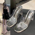 Plus size clear heel sandals for women - 2024 summer new arrival: single strap high heel slides, crystal heel chunky heel sandals