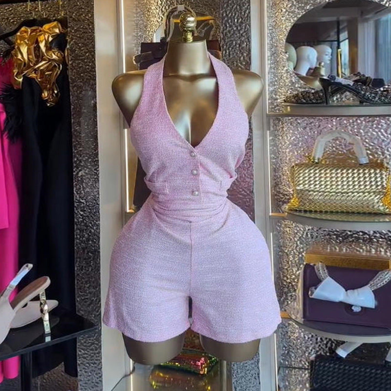 European and american women's clothing  autumn new sweet and fresh halter v-neck backless high-waisted slimming straight-leg jumpsuit