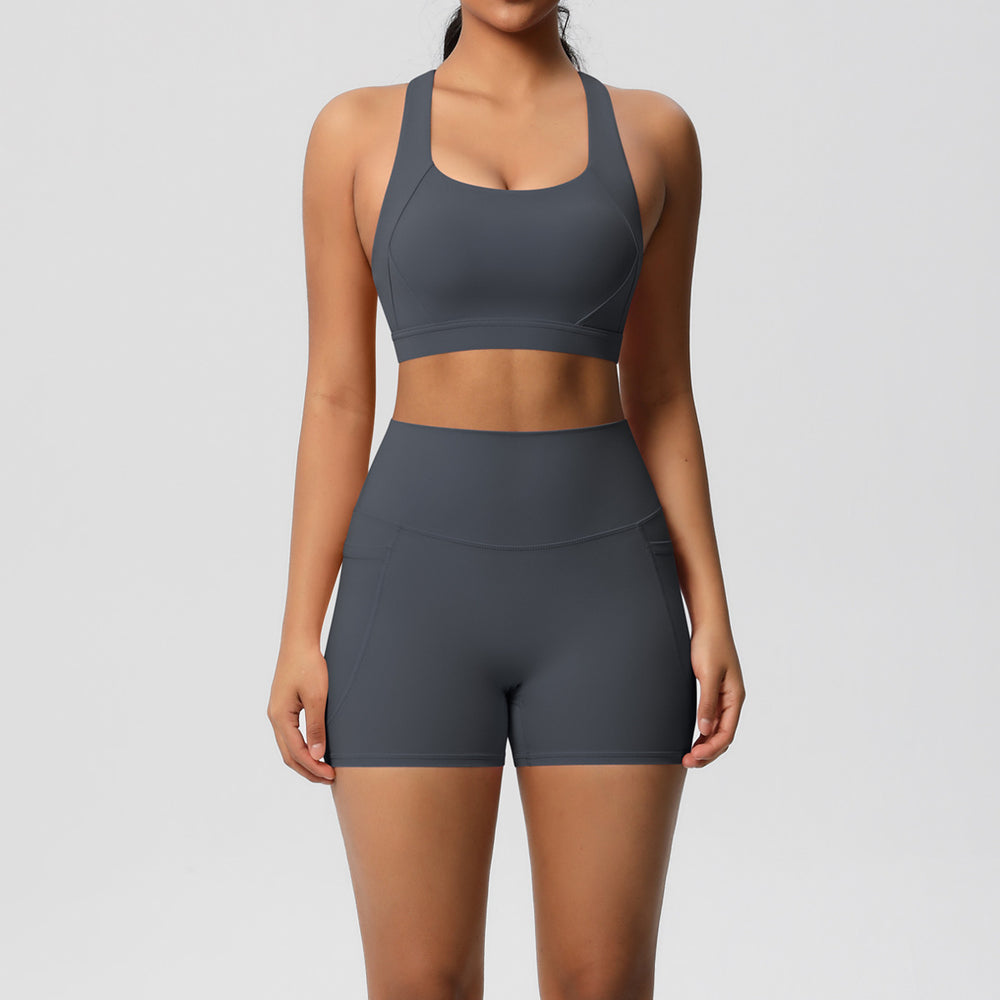 European and american cross-border double-sided brushed sports bra and pocket shorts set - pilates, running, fitness, and yoga apparel