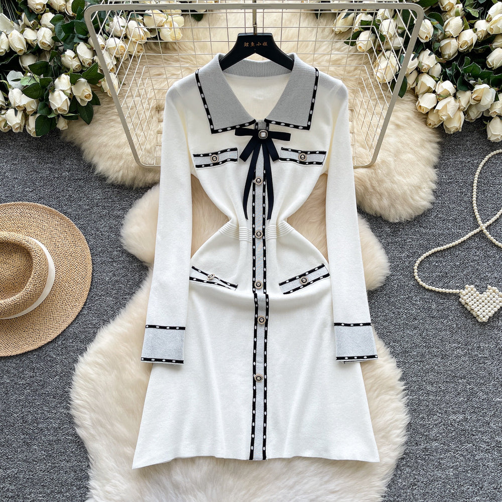 French retro chic color block polo collar long sleeve knit dress with metal buckle waist detail - slimming and elegant